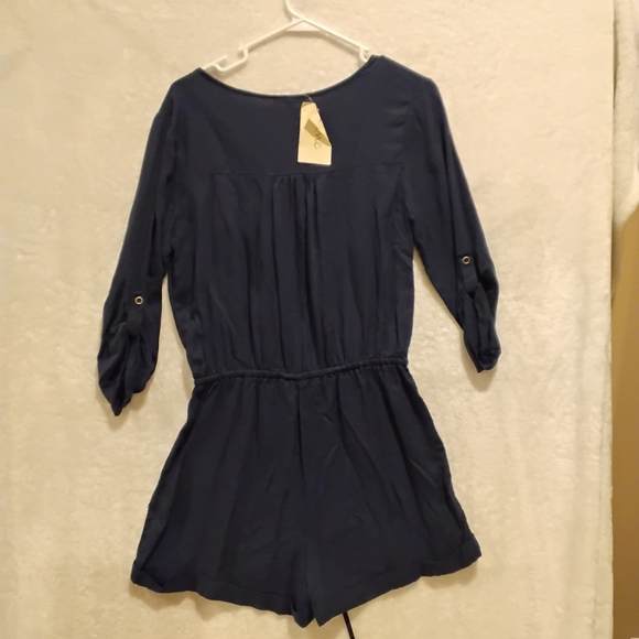 iris Navy Button-Front Romper with Drawstring Waist - Picture 2 of 3